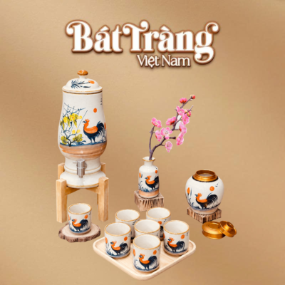 Bộ bình nước dáng ly hũ trà lọ hoa hoạ tiết gà trống BT-BN21