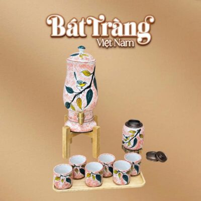 Bộ bình nước dáng ly kèm hũ trà men loang đỏ hoạ tiết hoa lá BT-BN23 - Ảnh đại diện