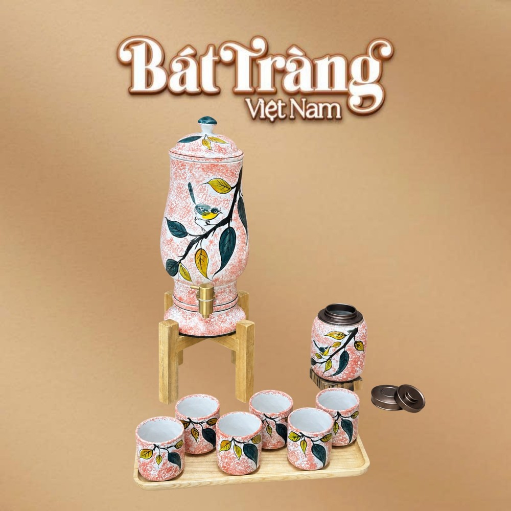 Bộ bình nước dáng ly kèm hũ trà men loang đỏ hoạ tiết hoa lá BT-BN23