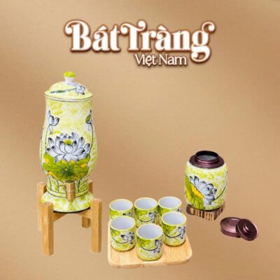 Bộ bình nước dáng ly kèm hũ trà men loang vàng hoạ tiết hoa sen BT-BN25 - Ảnh đại diện
