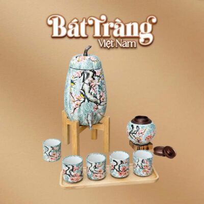 Bộ bình nước dáng quả bí 3.5L kèm hũ trà men xanh loang hoạ tiết cây lá BT-BN32 - Ảnh đại diện