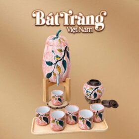 Bộ bình nước dáng quả bí 3.5L men loang đỏ hoạ tiết cây lá chim sẻ BT-BN26