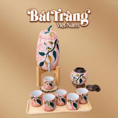 Bộ bình nước dáng quả bí 3.5L men loang đỏ hoạ tiết cây lá chim sẻ BT-BN26 - Ảnh đại diện