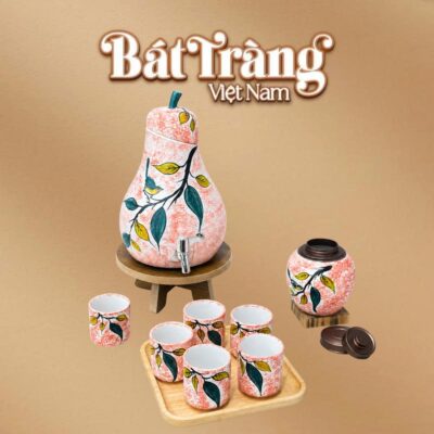 Bộ bình nước dáng quả lê 4L kèm hũ trà hoạ tiết hoa sen màu loang đỏ BT-BN28 - Ảnh đại diện