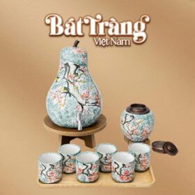 Bộ bình nước dáng quả lê 4L kèm ly kèm hũ trà men xanh dương loang BT-BN27