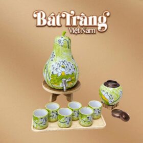 Bộ bình nước dáng quả lê 4L màu vàng chanh kèm hũ trà hoạ tiết hoa sen BT-BN29