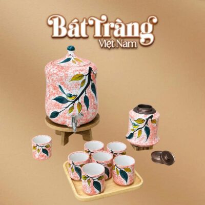 Bộ bình nước dáng quả đu đủ hũ trà men loang đỏ hoạ tiết cây lá BT-BN20 - Ảnh đại diện
