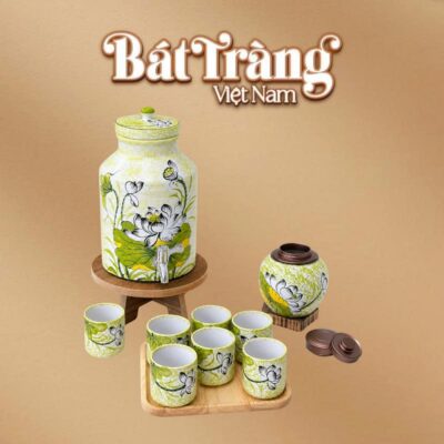 Bộ bình nước dáng trụ kèm hũ trà men vàng chanh hoạ tiết hoa sen BT-BN31 - Ảnh đại diện