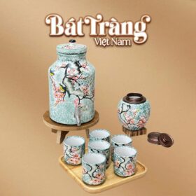 Bộ bình nước dáng trụ kèm hũ trà men xanh dương hoạ tiết hoa đào BT-BN30