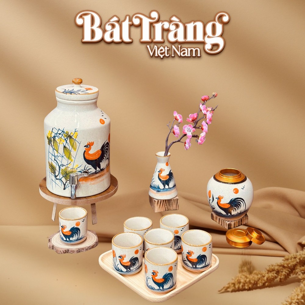 Bộ b&igrave;nh nước hũ tr&agrave; lọ hoa hoạ tiết con g&agrave; BT-BN13