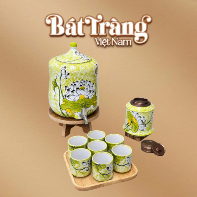 Bộ bình nước dáng quả đu đủ 6L hũ trà màu xanh lá hoa sen BT-BN18