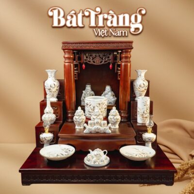 Bộ đồ thờ thần tài thổ địa men trắng sứ bạch ngọc vẽ vàng BT-ĐT182 - Ảnh đại diện