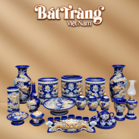 Bộ đồ thờ gia tiên men màu xanh đắp nổi hoạ tiết rồng BT-ĐT201