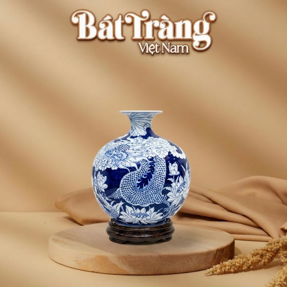 B&igrave;nh h&uacute;t lộc men lam vẽ v&agrave;ng hoạ tiết C&aacute; ch&eacute;p ho&aacute; rồng BT-BHL119