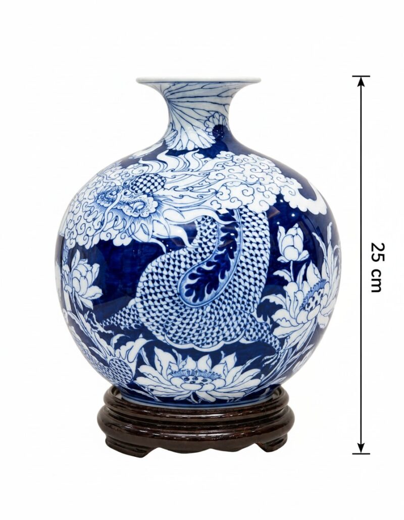 Kích thước Bình hút lộc men lam vẽ vàng hoạ tiết Cá chép hoá rồng BT-BHL119