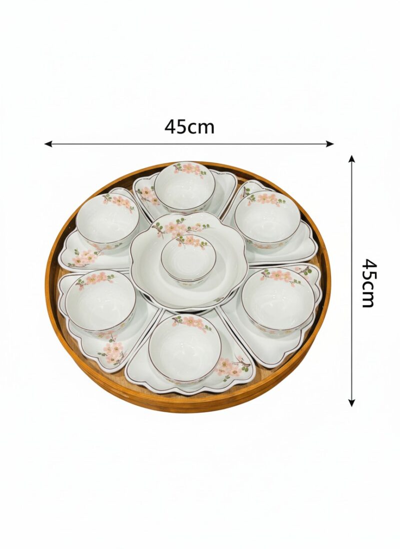 Kích thước Bộ bát đĩa hoa mặt trời sứ trắng vẽ hoa đào hồng BT-BD140
