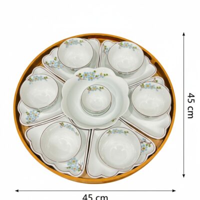 Kích thước Bộ bát đĩa hoa mặt trời sứ trắng vẽ hoa đào xanh BT-BD141