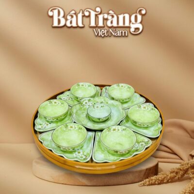 Bộ bát đĩa hoa mặt trời vân đá xanh lá vẽ hoa đào BT-BD141 - Ảnh đại diện