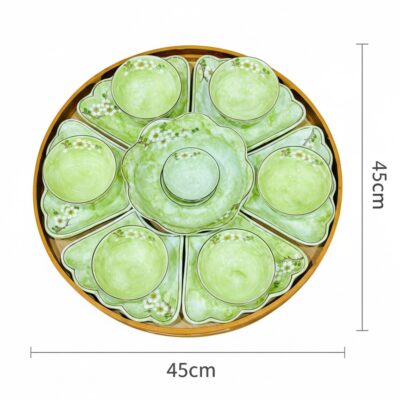 Kích thước Bộ bát đĩa hoa mặt trời vân đá xanh lá vẽ hoa đào BT-BD141