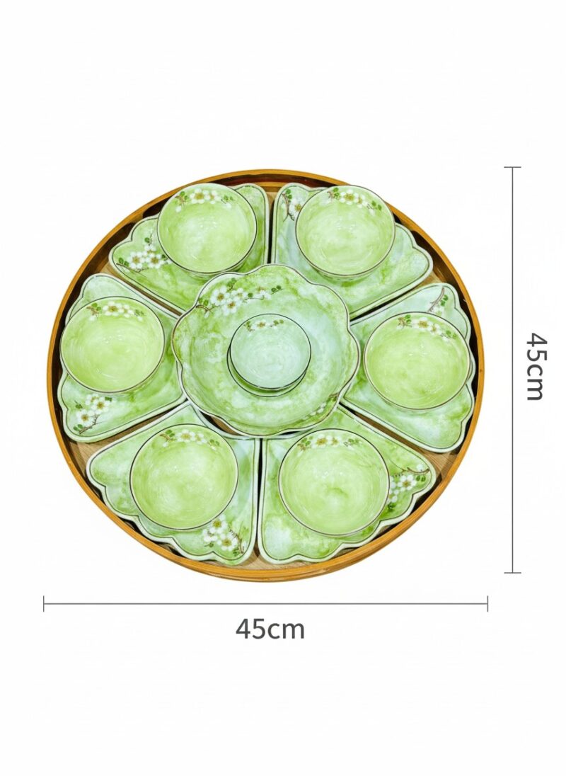 Kích thước Bộ bát đĩa hoa mặt trời vân đá xanh lá vẽ hoa đào BT-BD141
