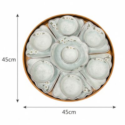 Kích thước Bộ bát đĩa hoa mặt trời vân đá xanh lam vẽ hoa đào BT-BD142
