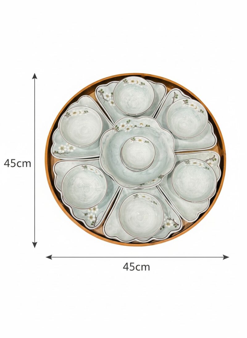 Kích thước Bộ bát đĩa hoa mặt trời vân đá xanh lam vẽ hoa đào BT-BD142