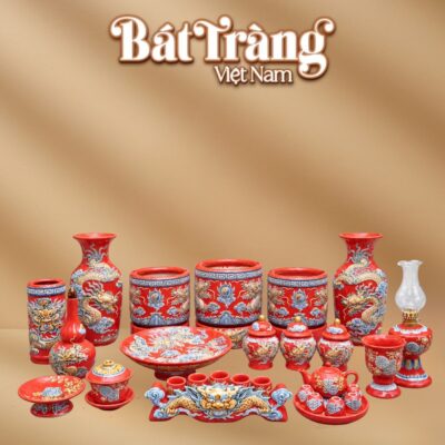 Bộ đồ thờ gia tiên men màu đỏ đắp nổi hoạ tiết rồng BT-ĐT198 - Ảnh đại diện