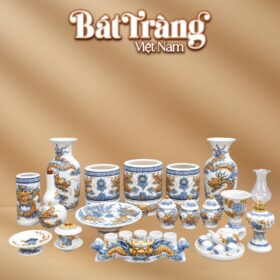 Bộ đồ thờ gia tiên men màu trắng đắp nổi hoạ tiết rồng BT-ĐT200