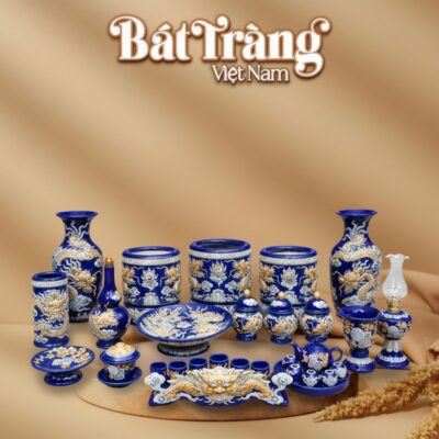 Bộ đồ thờ gia tiên men màu xanh đắp nổi hoạ tiết rồng BT-ĐT201