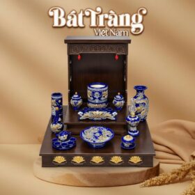 Bộ đồ thờ thần tài thổ địa men xanh dương hoạ tiết đắp nổi BT-ĐT195
