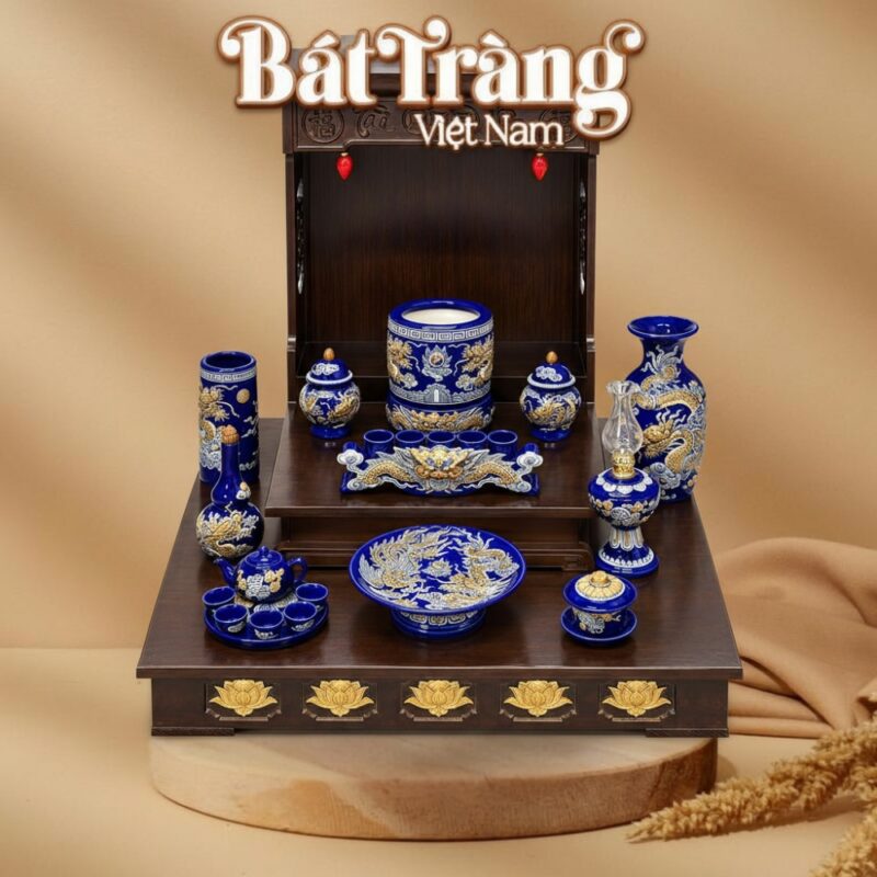 Bộ đồ thờ thần tài thổ địa men xanh dương hoạ tiết đắp nổi BT-ĐT194