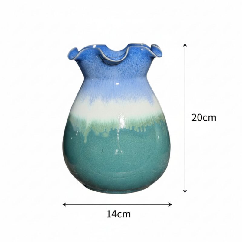 Kích thước Lọ hoa dáng giỏ cua miệng lượn xanh đại dương bọt biển phối xanh mint BT-LH143