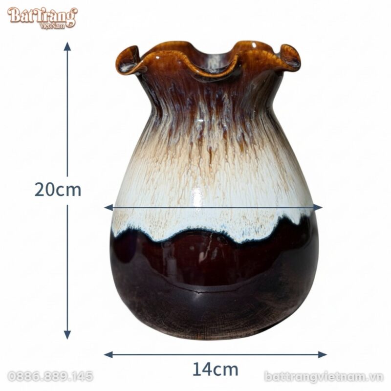 Kích thước Lọ hoa giá giỏ cua miệng lượn men hoả biến nâu BT-LH136