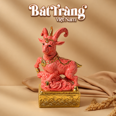 Tượng Dê “Linh Dương Cát Tường” Men Đỏ Hồng Dát Vàng Bát Tràng BT-TG41