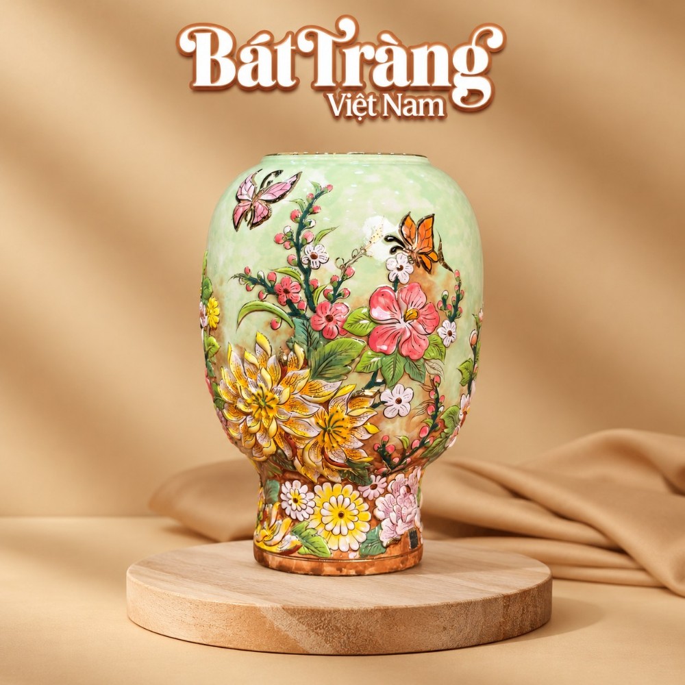 B&igrave;nh hoa trang tr&iacute; cao cấp hoạ tiết Kim Điệp Khai Hoa đắp nổi vẽ v&agrave;ng BT