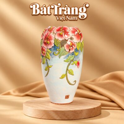 Bình hoa trang trí cao cấp hoạ tiết Vườn Hoa Anh Thảo đắp nổi vẽ vàng màu trắng BT-LH151 - Ảnh đại diện