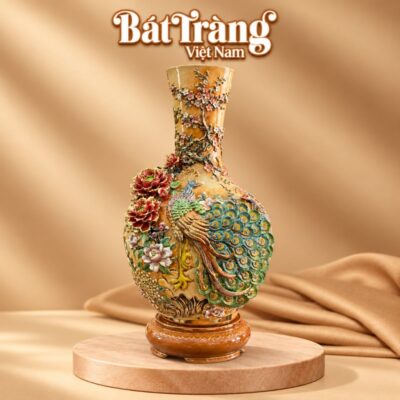 Bình tỏi đắp nổi vẽ vàng cao cấp cao 86cm hoạ tiết chim công hoa đào men hoàng thổBT-TB17 - Ảnh đại diện