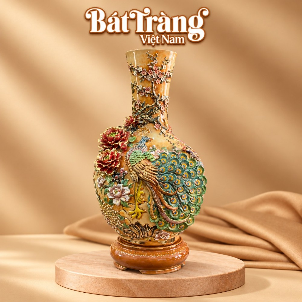 B&igrave;nh tỏi đắp nổi vẽ v&agrave;ng cao cấp cao 86cm hoạ tiết chim c&ocirc;ng hoa đ&agrave;o men ho&agrave;ng thổBT-TB17