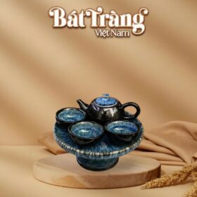Bộ ấm trà tam ẩm men hoả biến xanh đen khay tròn có đế BT-AT103