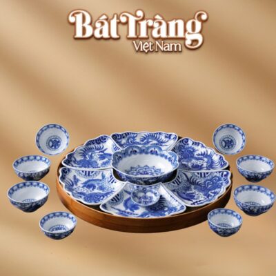 Bộ bát đĩa hoa mặt trời 16 chi tiết men lam hoạ tiết cá chép hoá rồng BT-BD159 - Ảnh đại diện