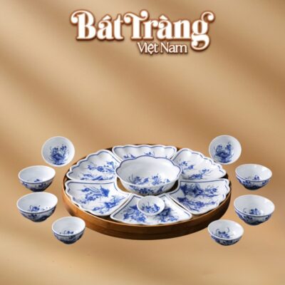 Bộ bát đĩa hoa mặt trời 16 chi tiết men lam hoạ tiết hoa sen cổ BT-BD158 - Ảnh đại diện